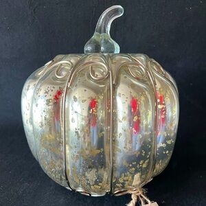 Glass pumpkin handmade  in India, metallic silver colored, 8” diameter, fall